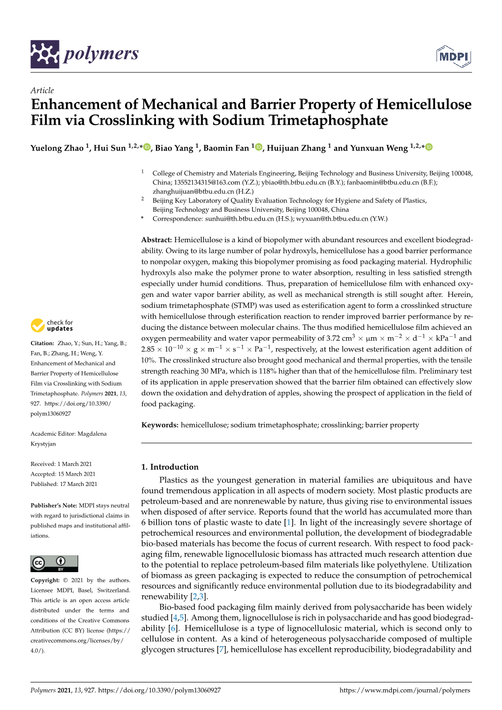 Enhancement of Mechanical and Barrier Property of Hemicellulose Film Via Crosslinking with Sodium Trimetaphosphate