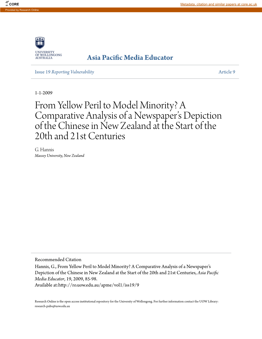 From Yellow Peril to Model Minority? a Comparative Analysis of a Newspaper’S Depiction of the Chinese in New Zealand at the Start of the 20Th and 21St Centuries G