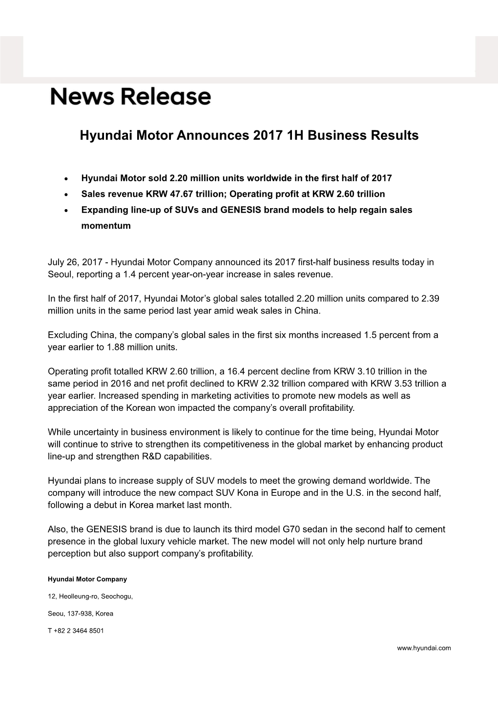 Hyundai Motor Announces 2017 1H Business Results