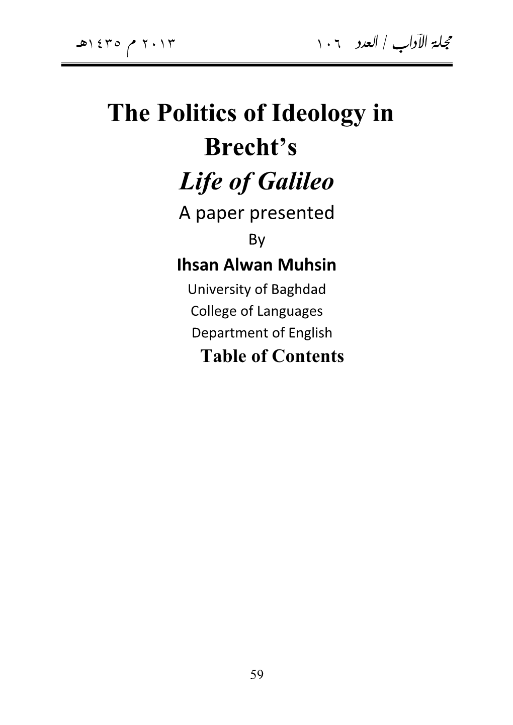 The Politics of Ideology in Brecht's Life of Galileo