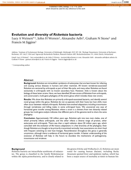 Evolution and Diversity of Rickettsia Bacteria Lucy a Weinert*1, John H Werren2, Alexandre Aebi3, Graham N Stone1 and Francis M Jiggins1