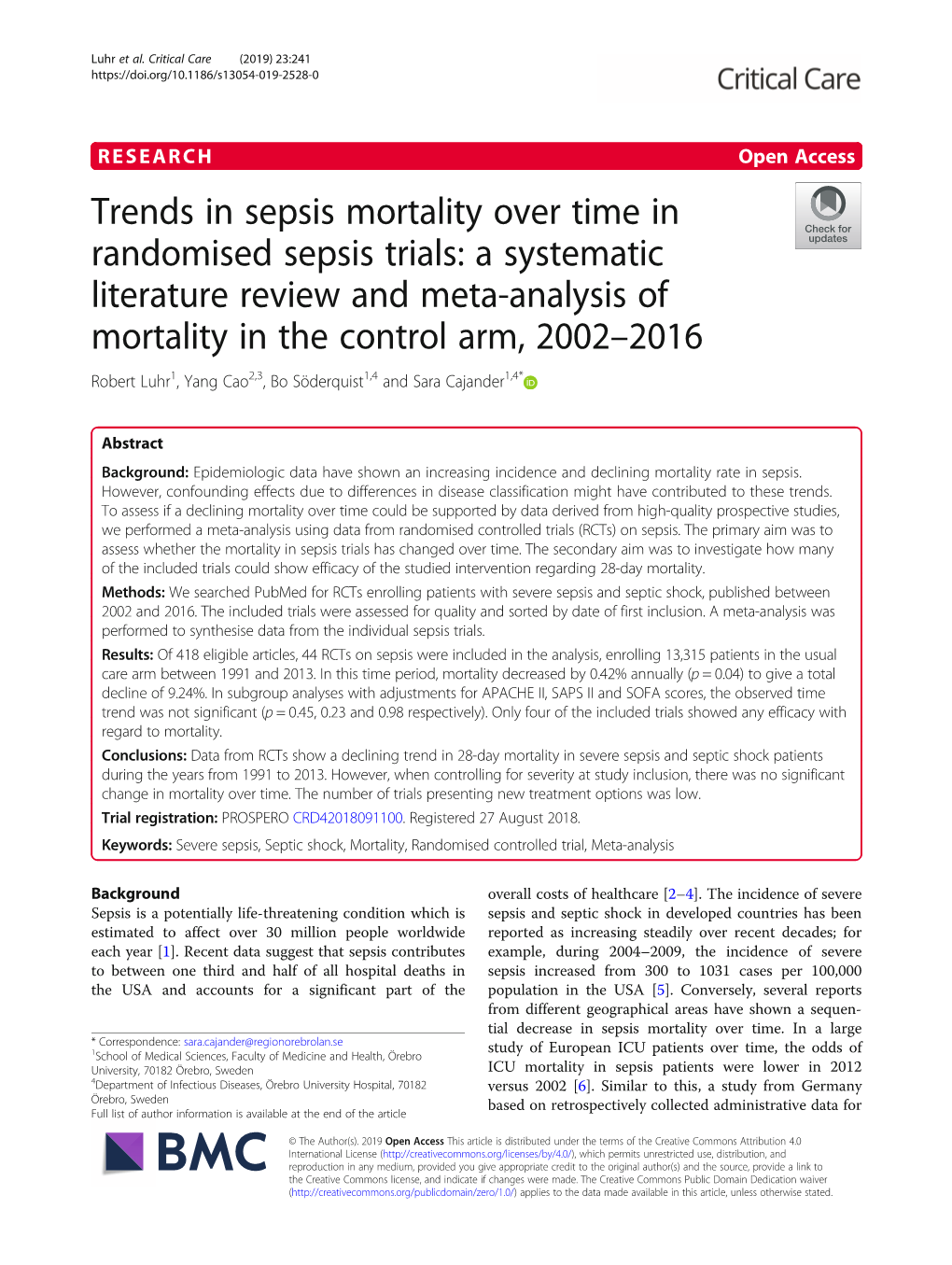 Trends in Sepsis Mortality Over Time in Randomised Sepsis Trials