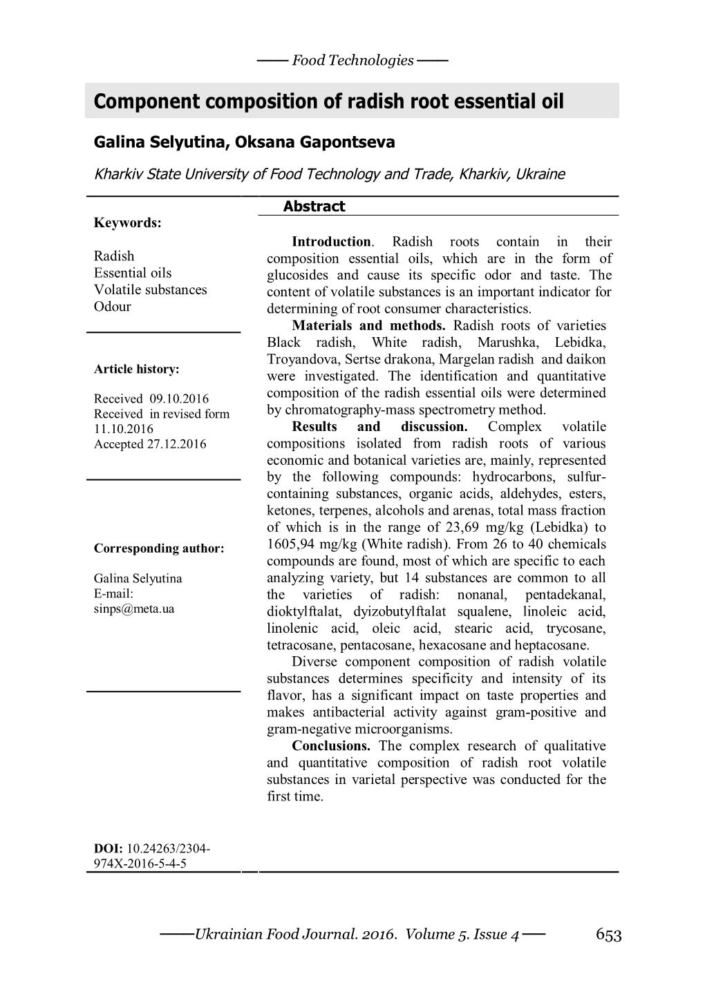 Component Composition of Radish Root Essential Oil