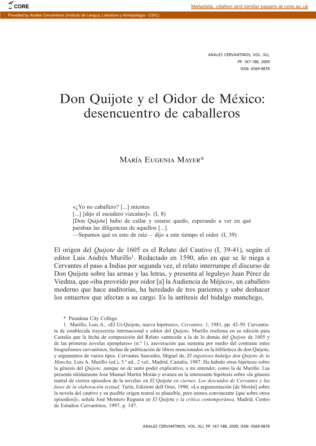 Don Quijote Y El Oidor De México: Desencuentro De Caballeros