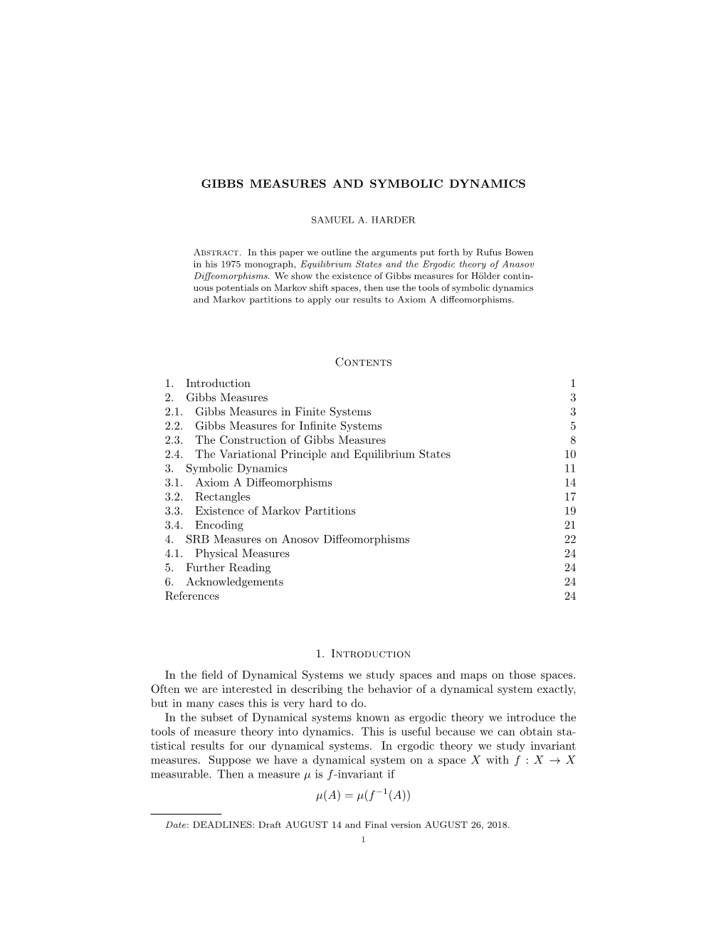 GIBBS MEASURES and SYMBOLIC DYNAMICS Contents 1