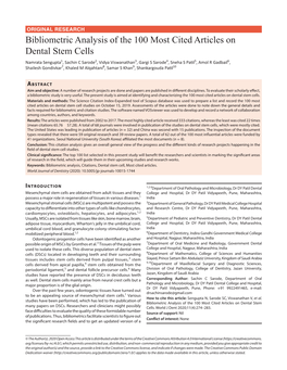 Bibliometric Analysis of the 100 Most Cited Articles on Dental Stem Cells