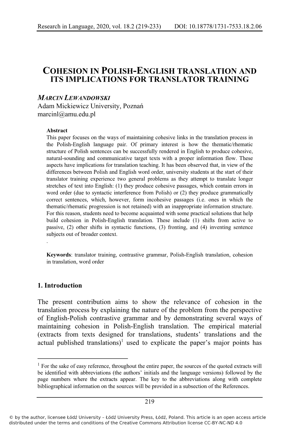 Cohesion in Polish-English Translation and Its Implications for Translator Training