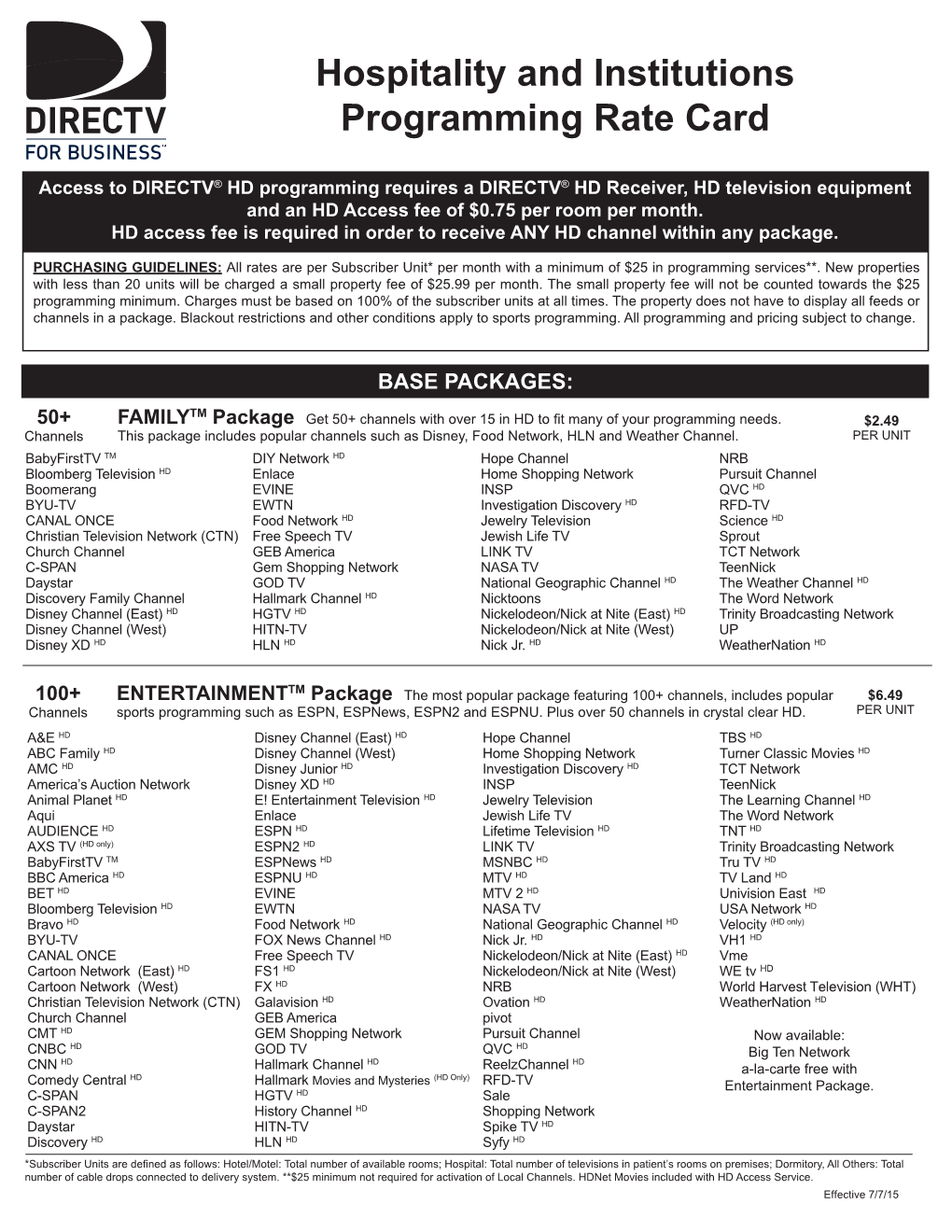 Hospitality and Institutions Programming Rate Card