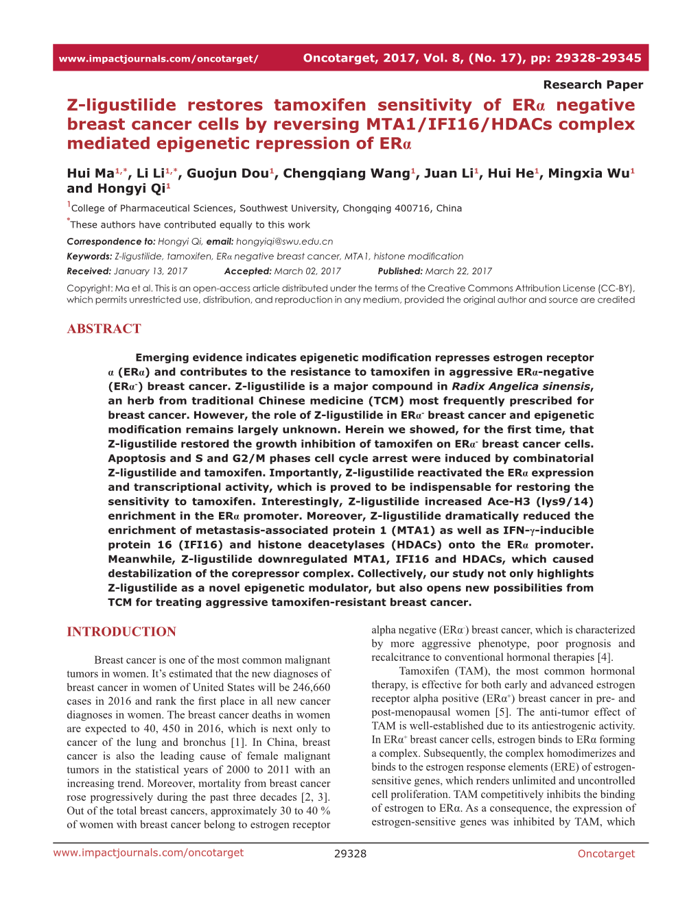 Z-Ligustilide Restores Tamoxifen Sensitivity of Erα Negative Breast Cancer Cells by Reversing MTA1/IFI16/Hdacs Complex Mediated Epigenetic Repression of Erα