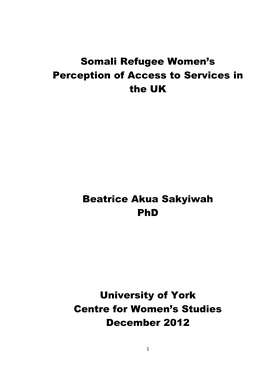 Somali Refugee Women's Perception of Access to Services in the UK