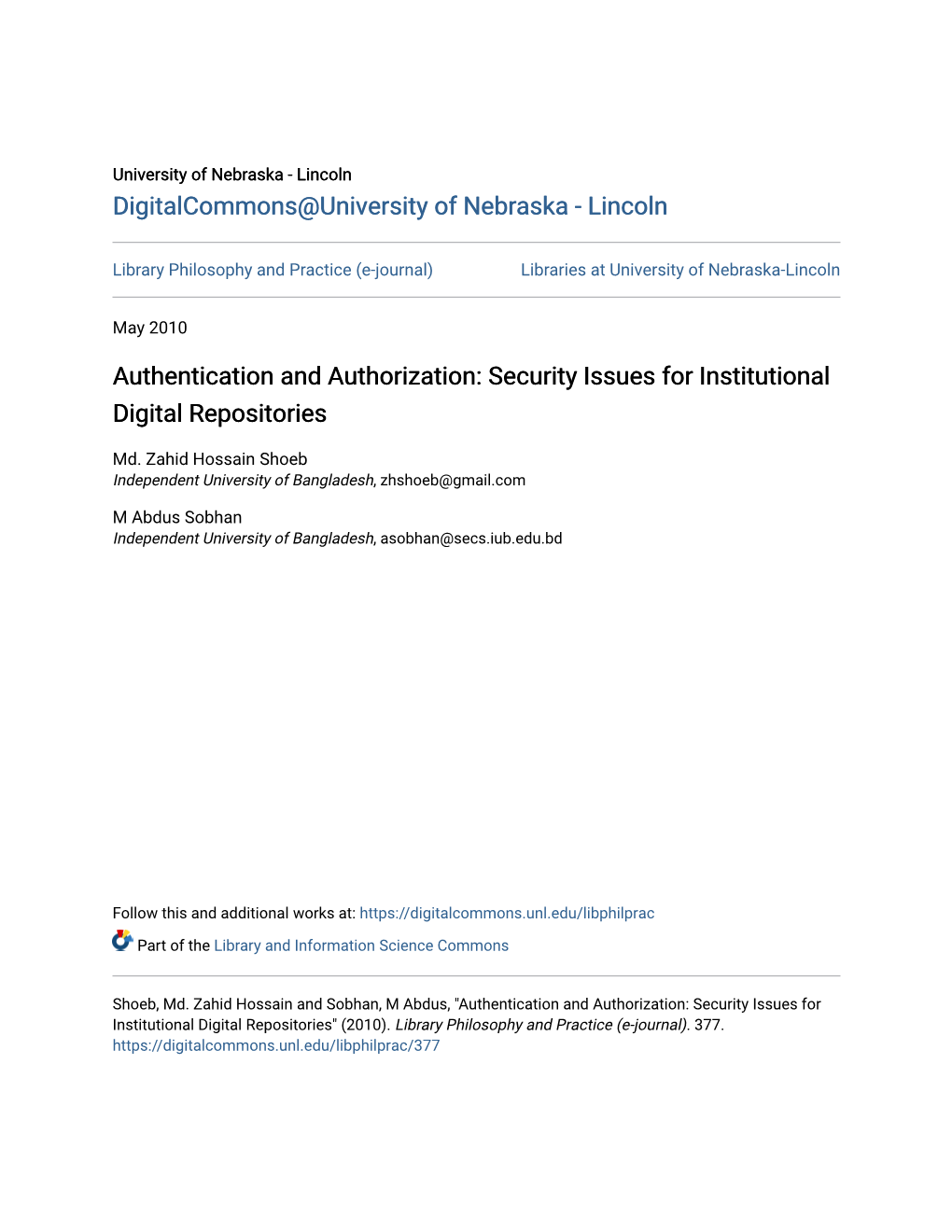 Authentication and Authorization: Security Issues for Institutional Digital Repositories