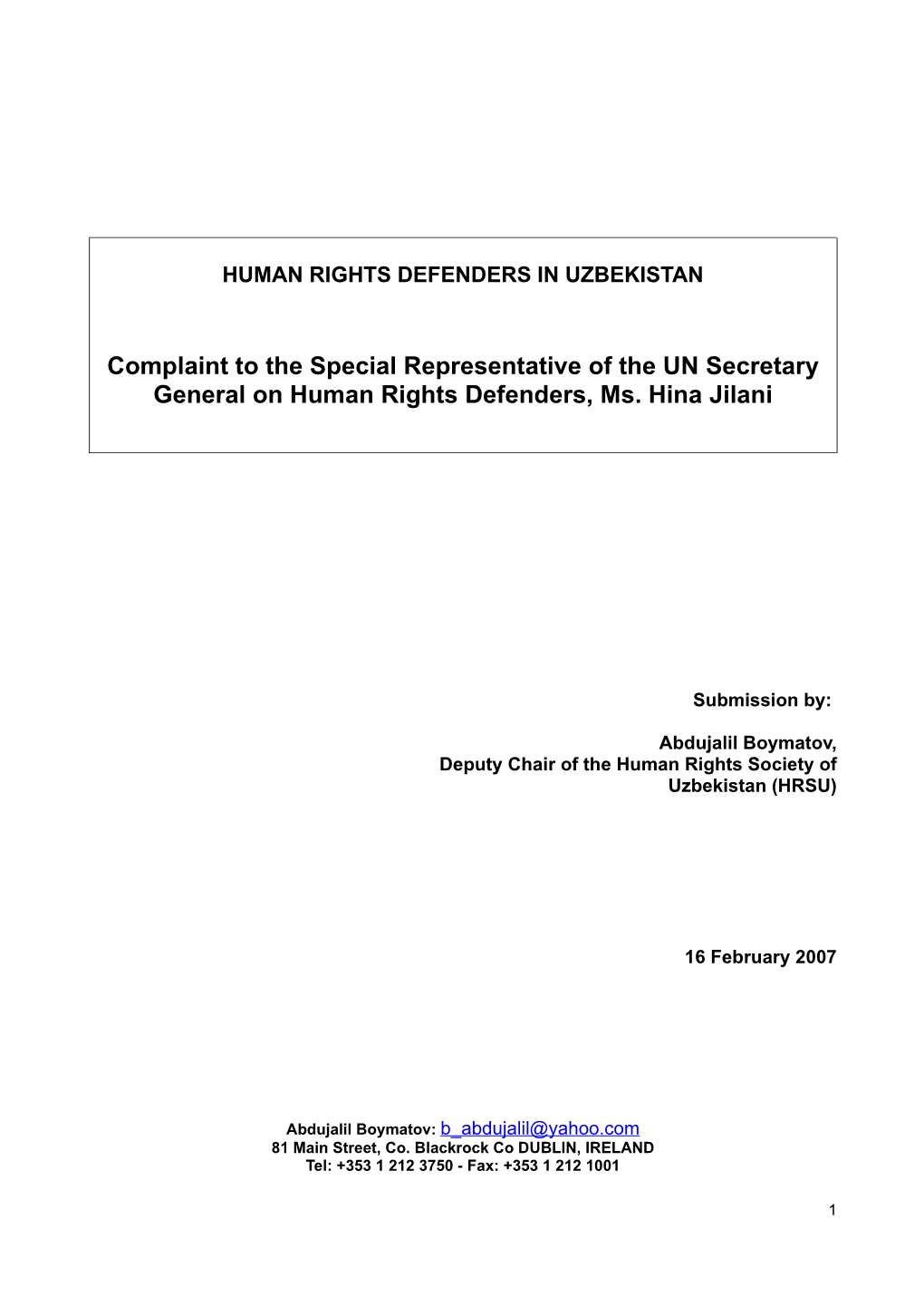 Complaint to the Special Representative of the Secretary