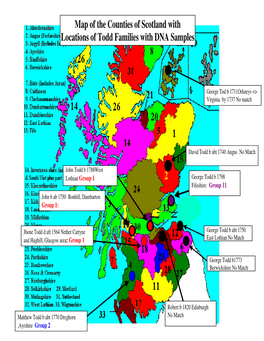 Map of the Counties of Scotland with Locations of Todd Families with DNA Samples