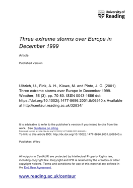Three Extreme Storms Over Europe in December 1999