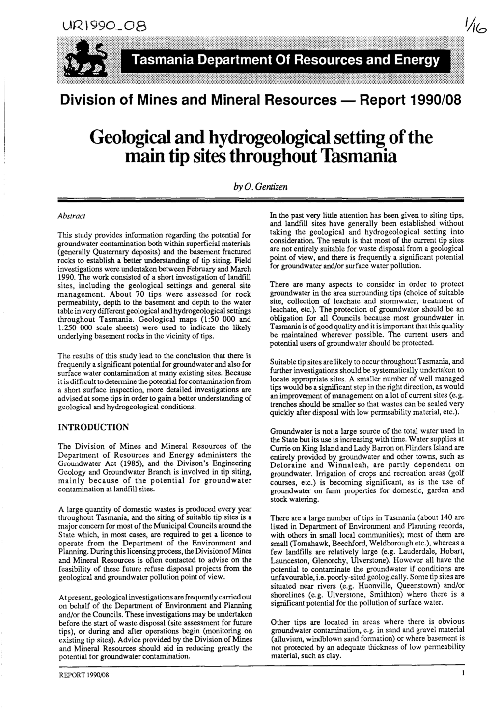 Geological and Hydrogeological Setting of the Main Tip Sites Throughout Tasmania