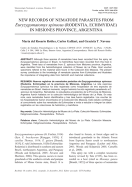 Euryzygomatomys Spinosus (RODENTIA, ECHIMYIDAE) in MISIONES PROVINCE, ARGENTINA