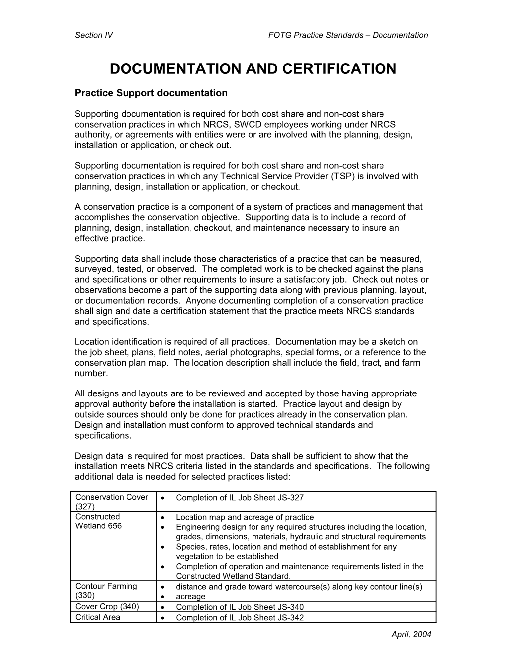 Section IV-B FOTG Practice Standards - Documentation