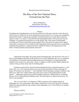 The Rise of the New Partisan Press: Forward Into the Past