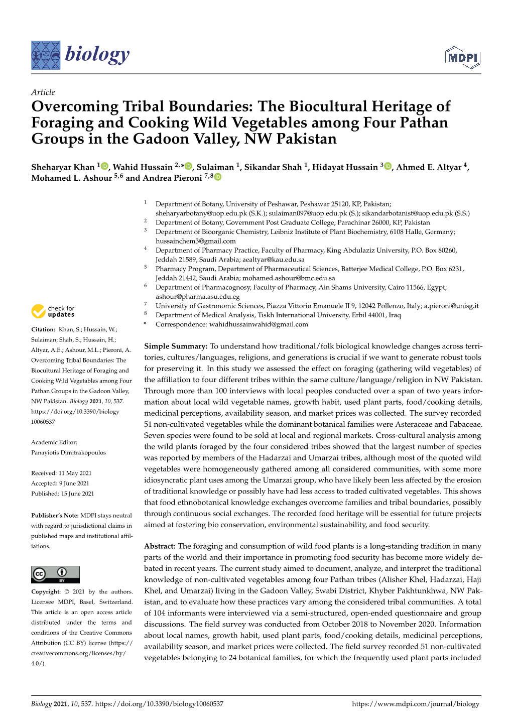 The Biocultural Heritage of Foraging and Cooking Wild Vegetables Among Four Pathan Groups in the Gadoon Valley, NW Pakistan