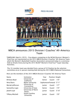 WBCA Announces 2015 Division I Coaches' All-America Team 2014