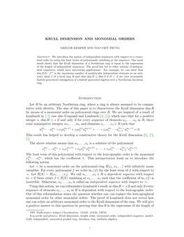KRULL DIMENSION and MONOMIAL ORDERS Introduction Let R Be An