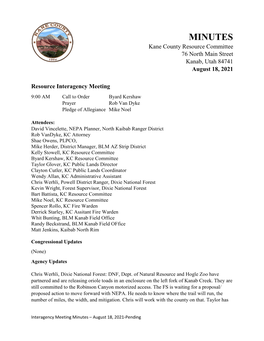 MINUTES Kane County Resource Committee 76 North Main Street Kanab, Utah 84741 August 18, 2021