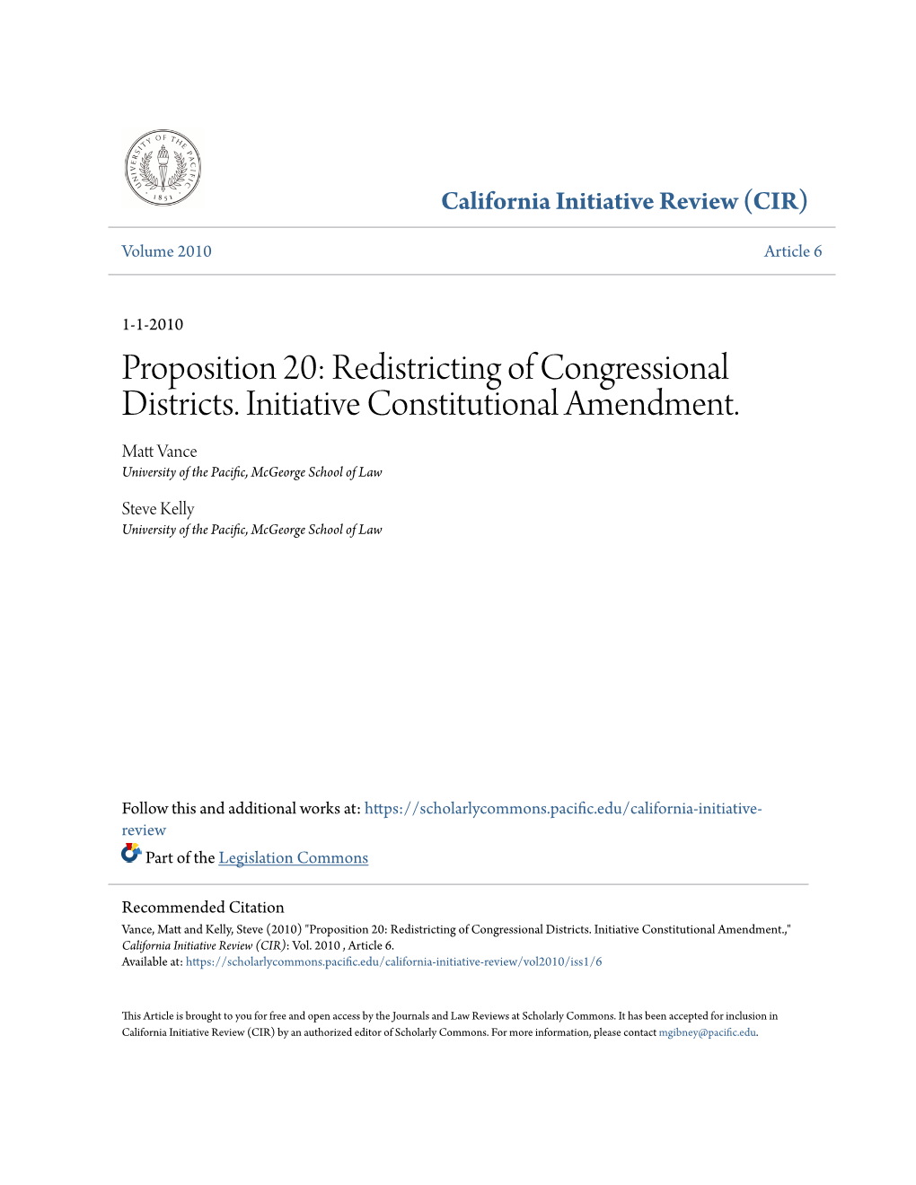 Proposition 20: Redistricting of Congressional Districts. Initiative Constitutional Amendment