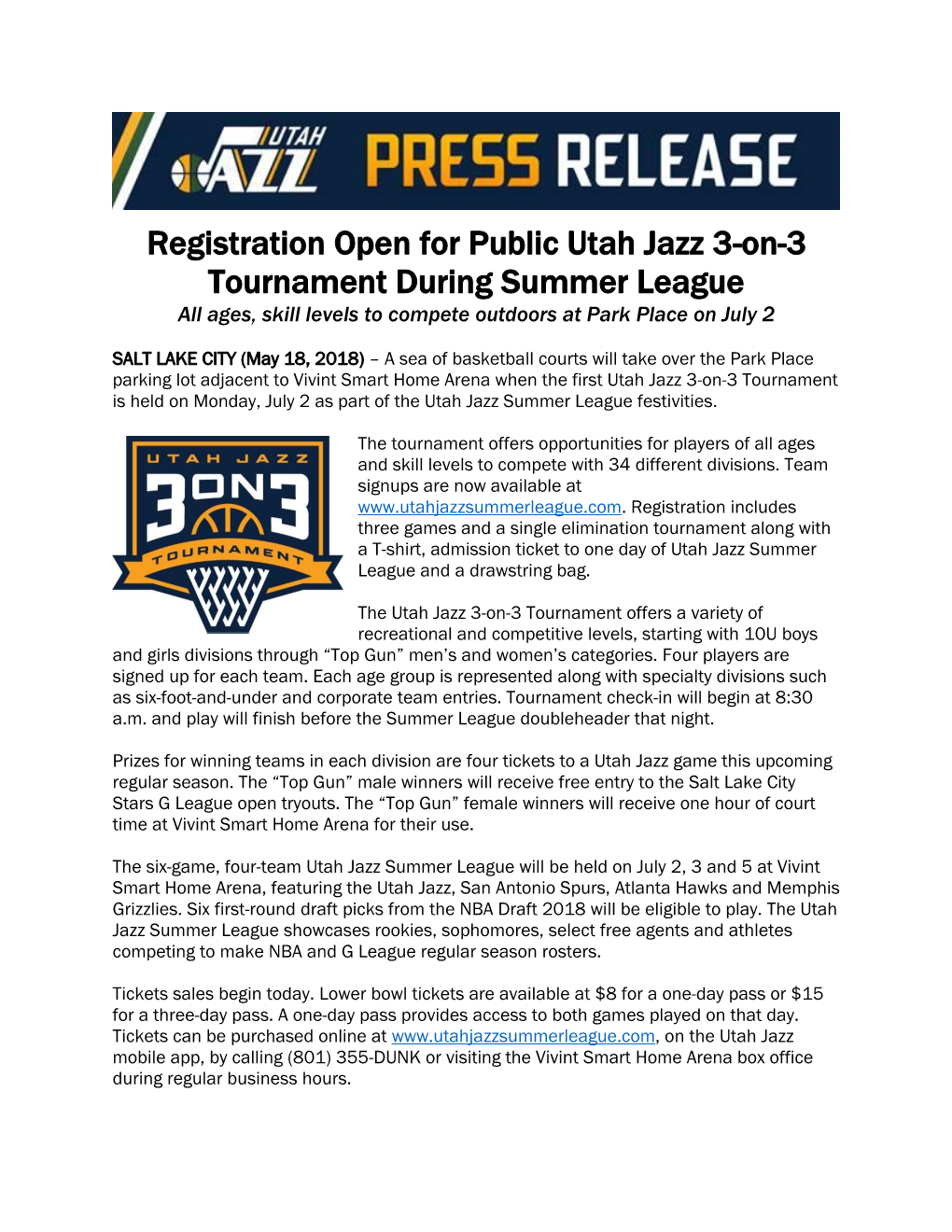 Registration Open for Public Utah Jazz 3-On-3 Tournament During Summer League All Ages, Skill Levels to Compete Outdoors at Park Place on July 2