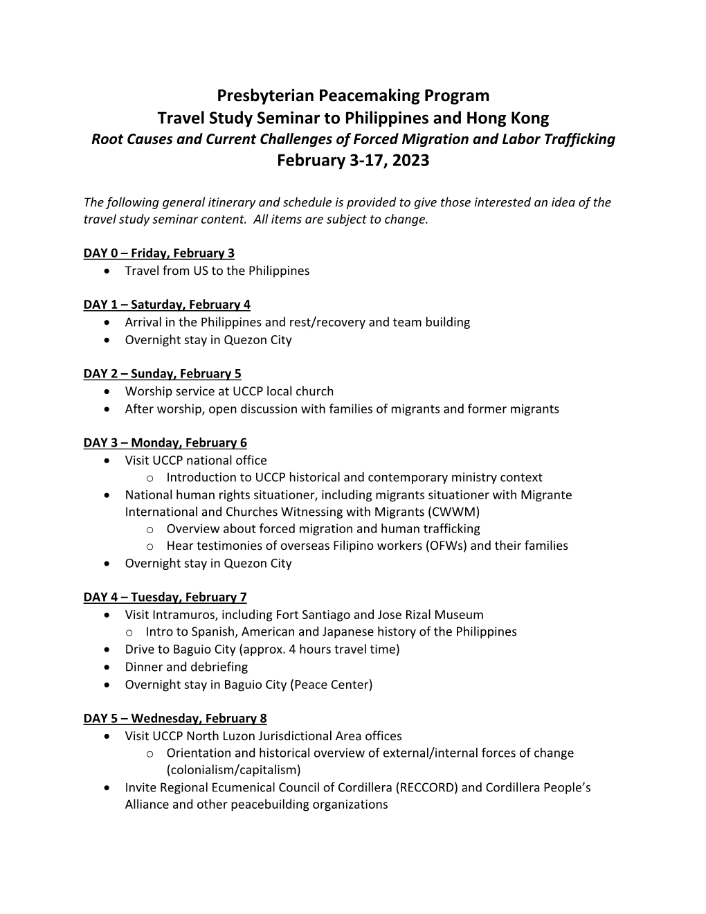 Presbyterian Peacemaking Program Travel Study Seminar to Philippines