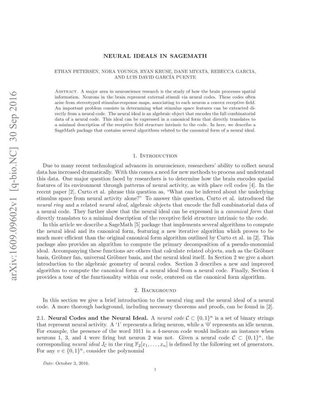 Arxiv:1609.09602V1 [Q-Bio.NC] 30 Sep 2016 Corresponding O Any for Ern ,3 N Eeﬁigbtnuo a O.Gvnaneur a Given Not