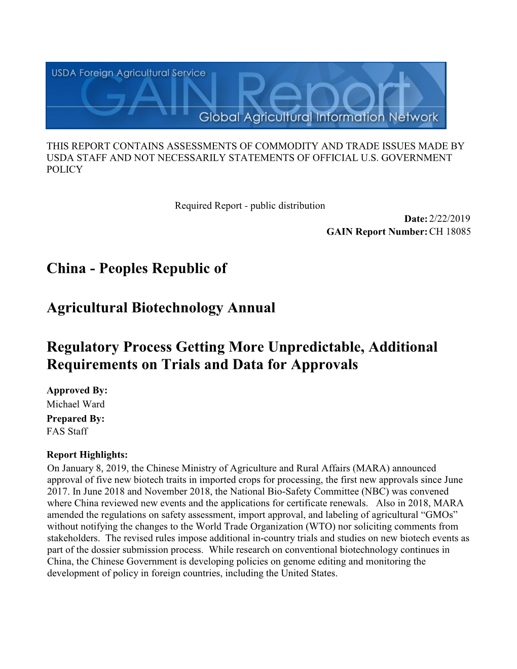 China: Agricultural Biotechnology Annual