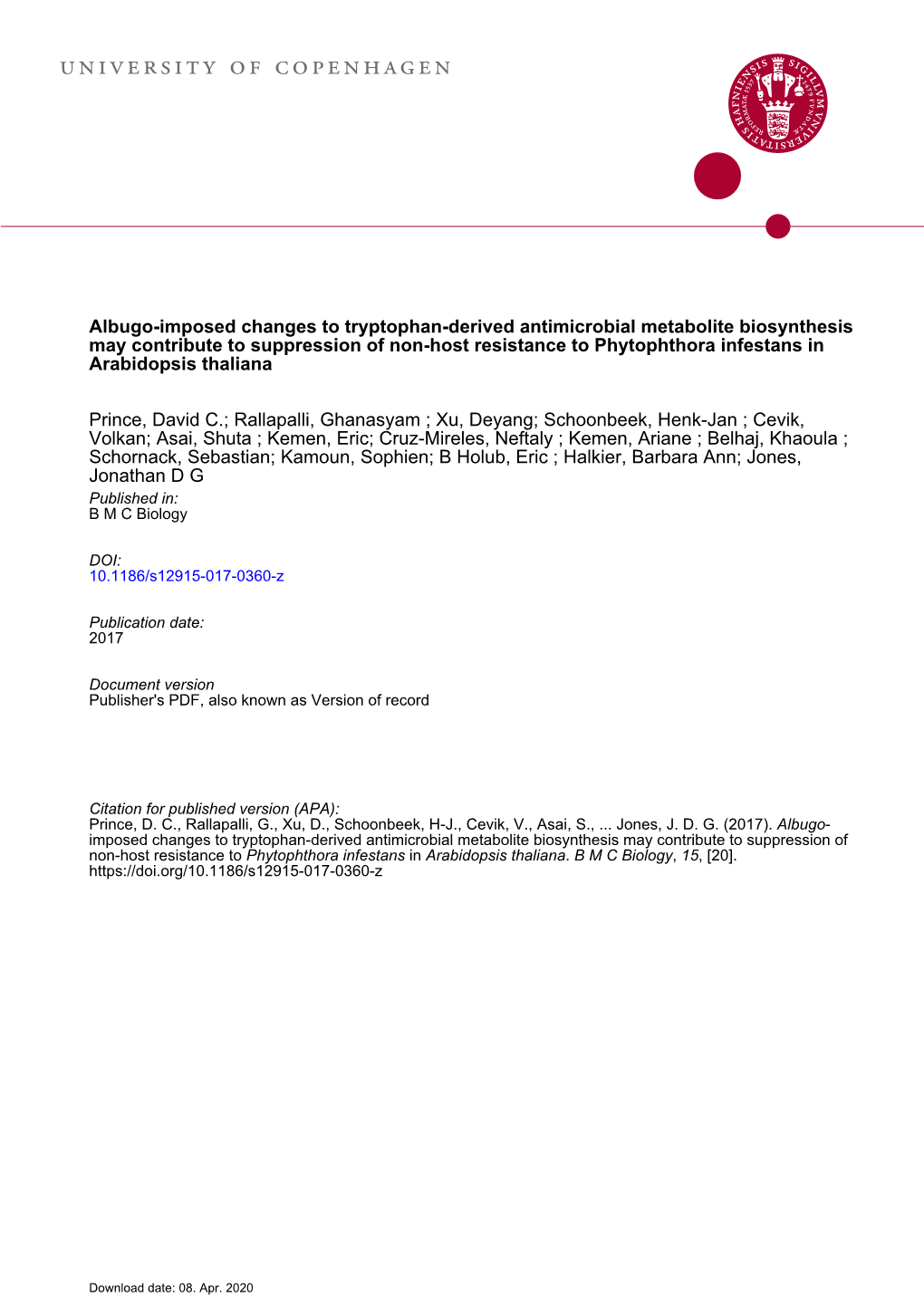 Albugo-Imposed Changes to Tryptophan-Derived Antimicrobial