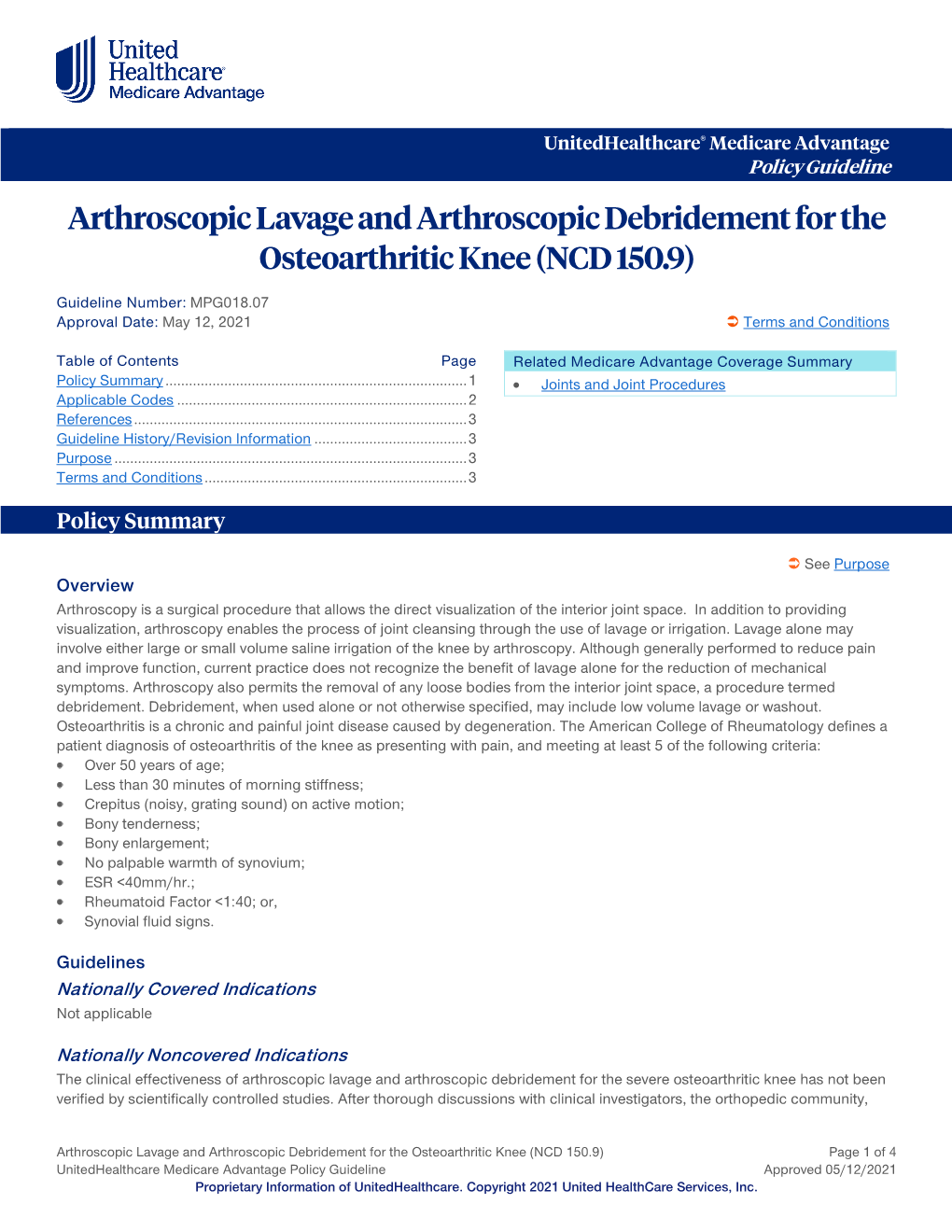 Arthroscopic Lavage and Arthroscopic Debridement for the Osteoarthritic Knee (NCD 150.9)