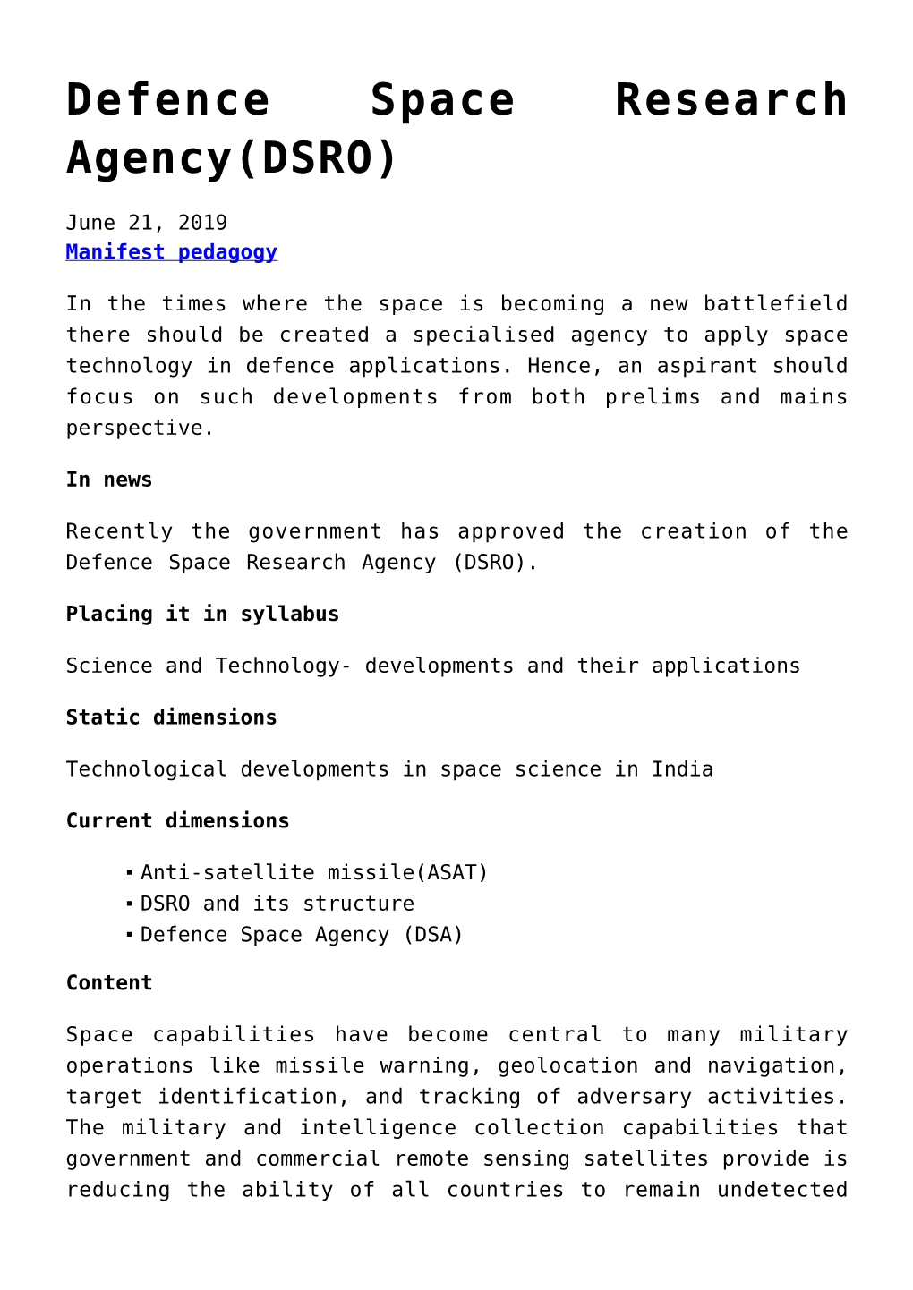 Defence Space Research Agency(DSRO)