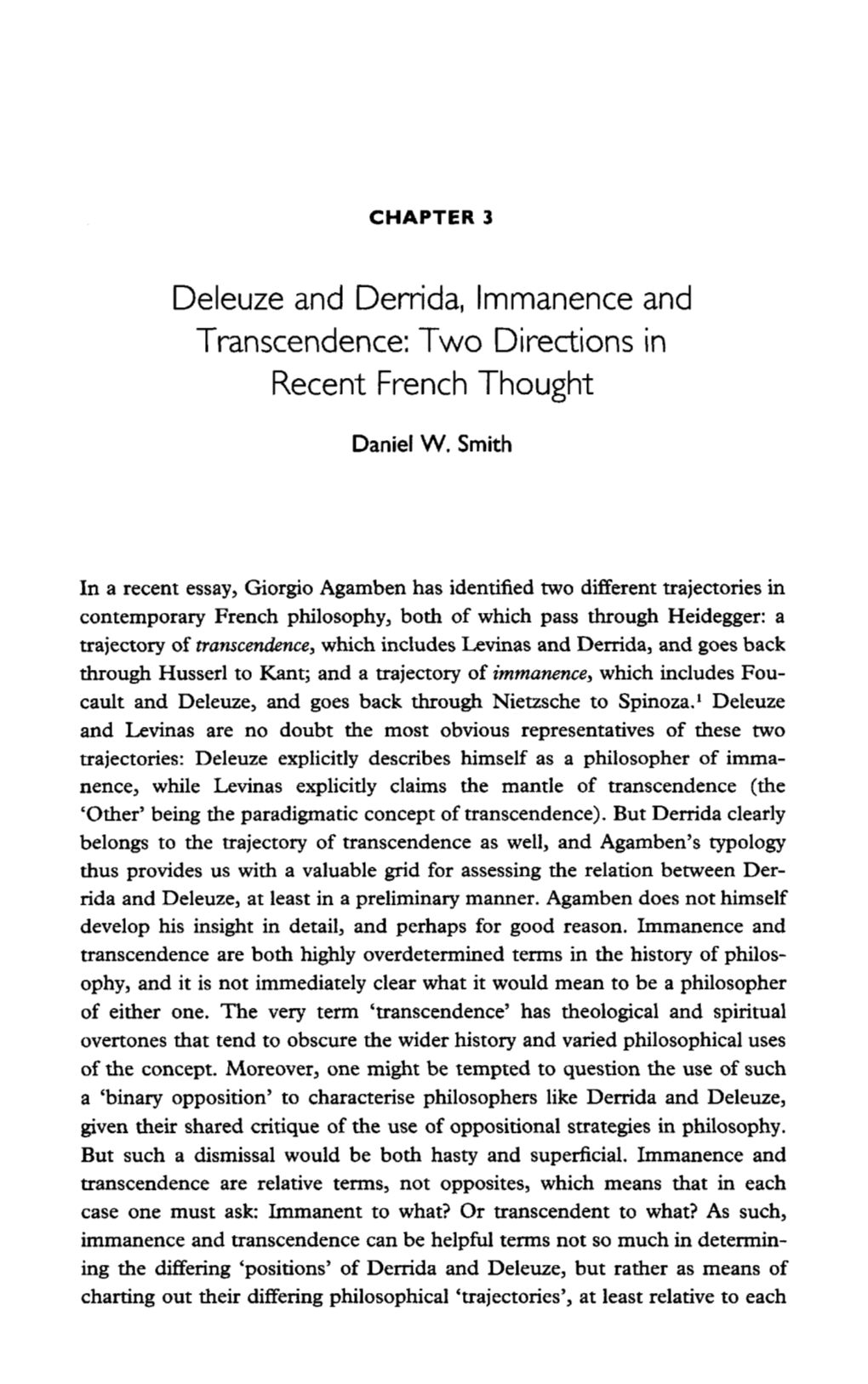 Deleuze and Derrida, Immanence and Transcendence: Two Directions in Recent French Thought