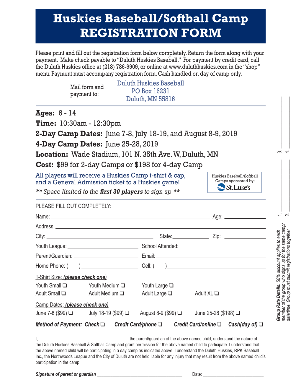 Huskies Baseball/Softball Camp Registration Form