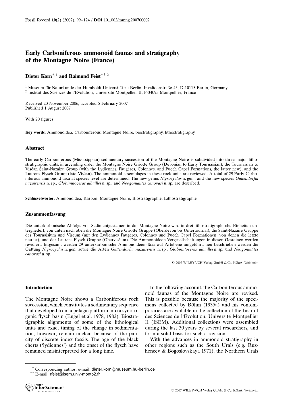 Early Carboniferous Ammonoid Faunas and Stratigraphy of the Montagne Noire (France)