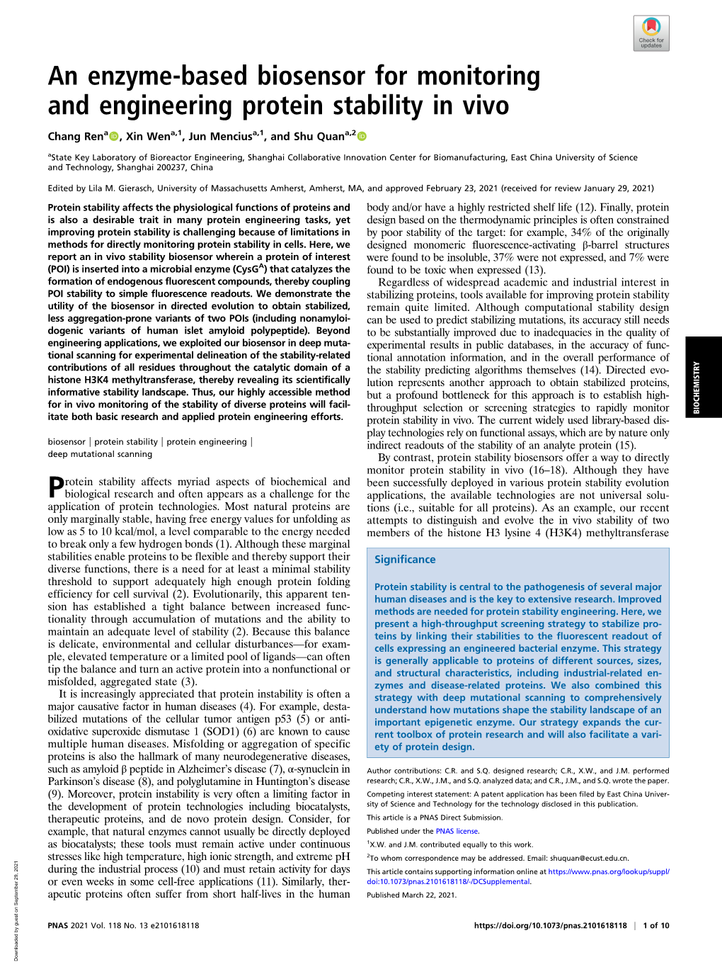 An Enzyme-Based Biosensor for Monitoring and Engineering Protein Stability in Vivo