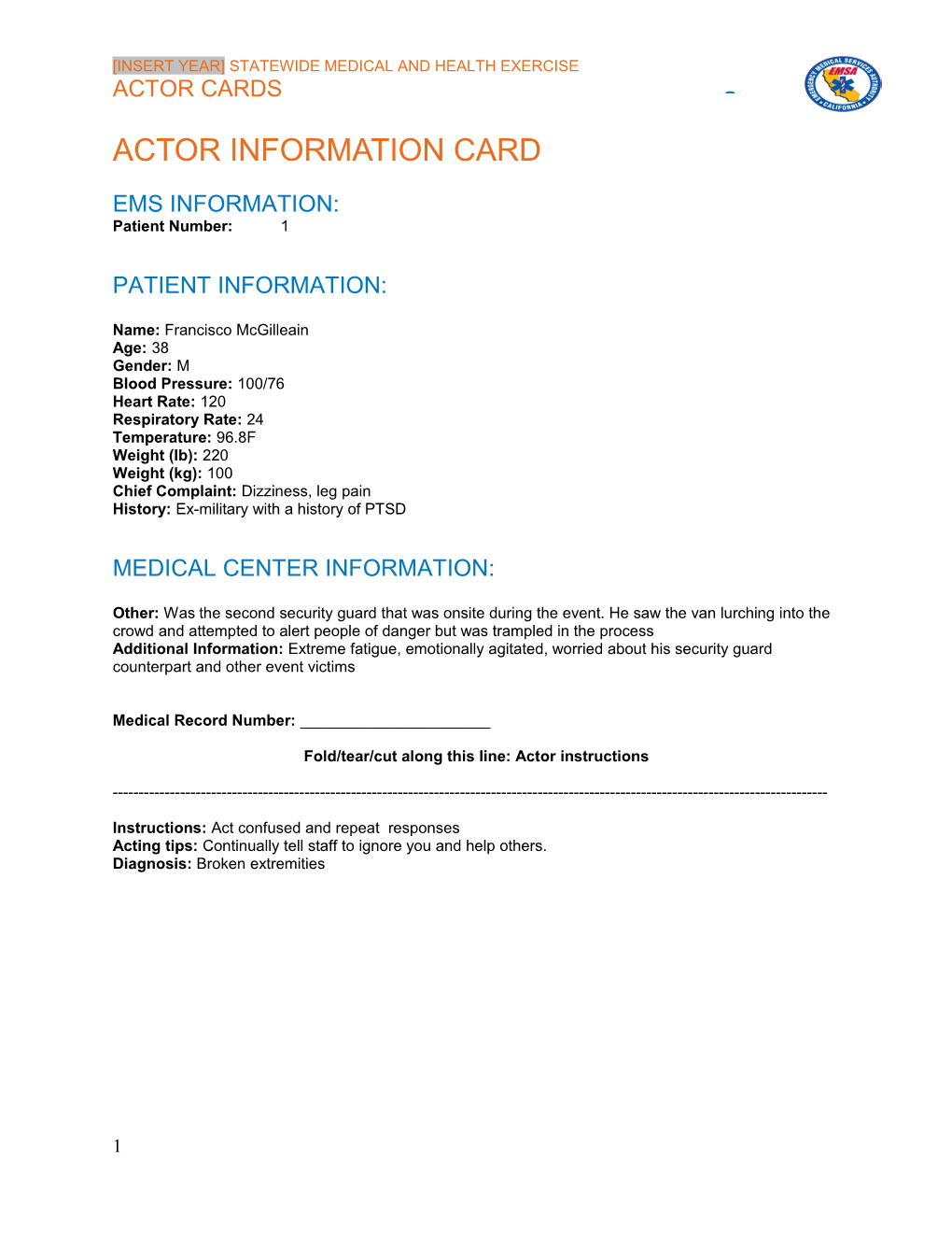 Statewide Medical and Health Exercise Actor Card Completed