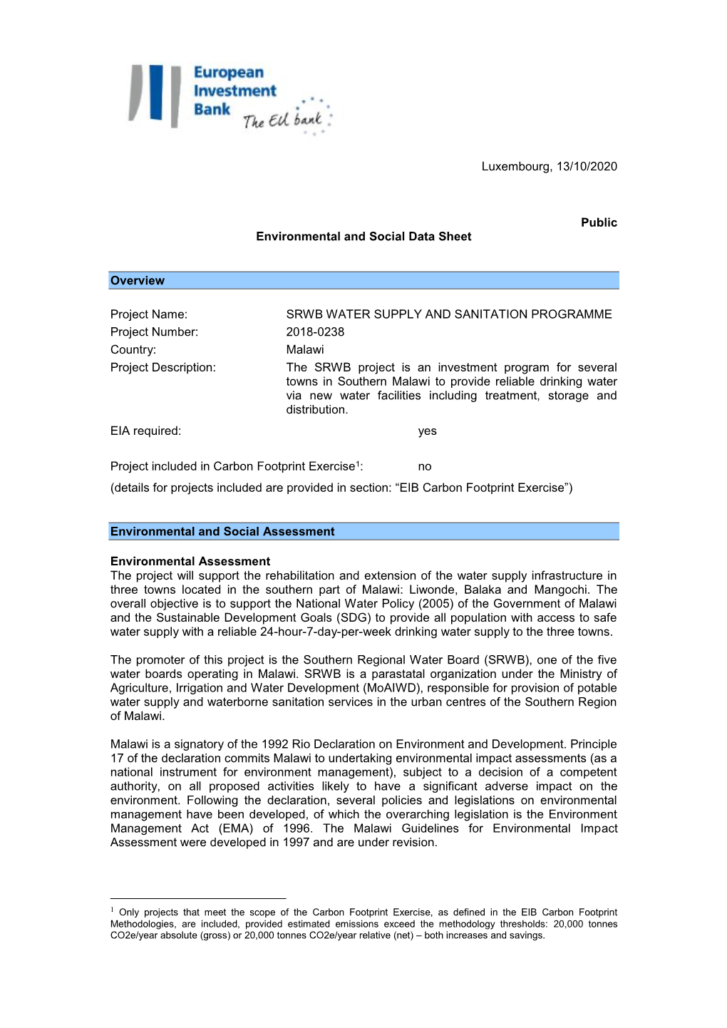 Environmental and Social Data Sheet