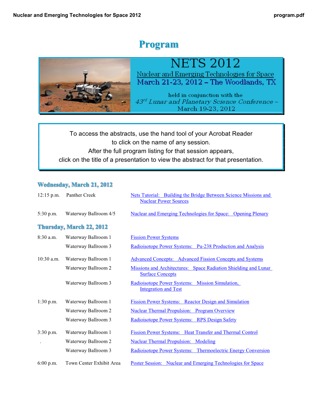 Nuclear and Emerging Technologies for Space 2012 Program.Pdf