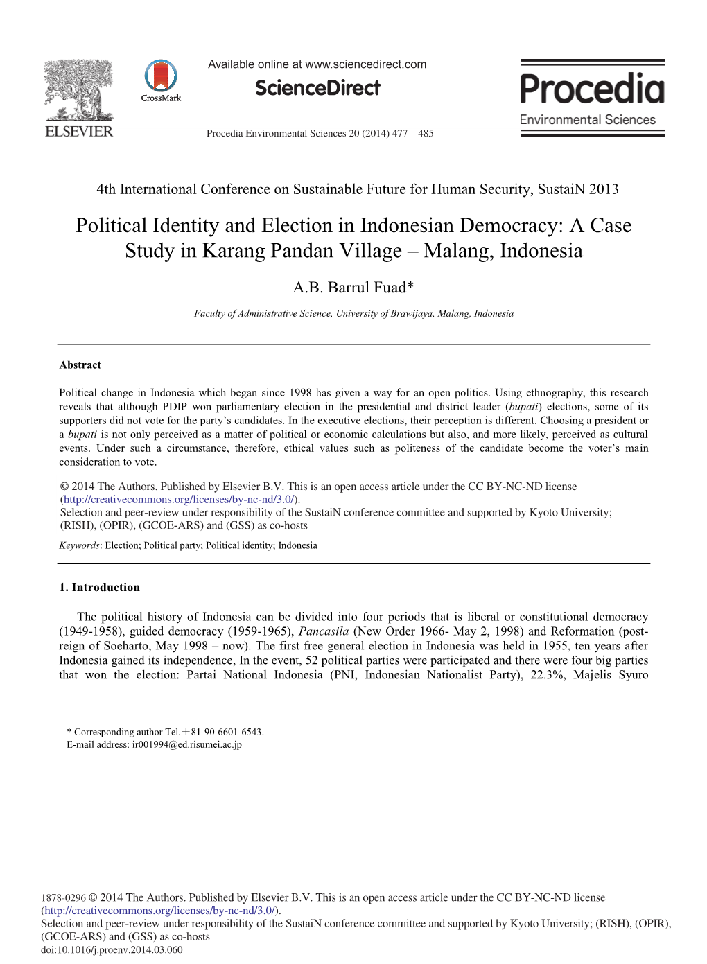 Political Identity and Election in Indonesian Democracy: a Case Study in Karang Pandan Village – Malang, Indonesia