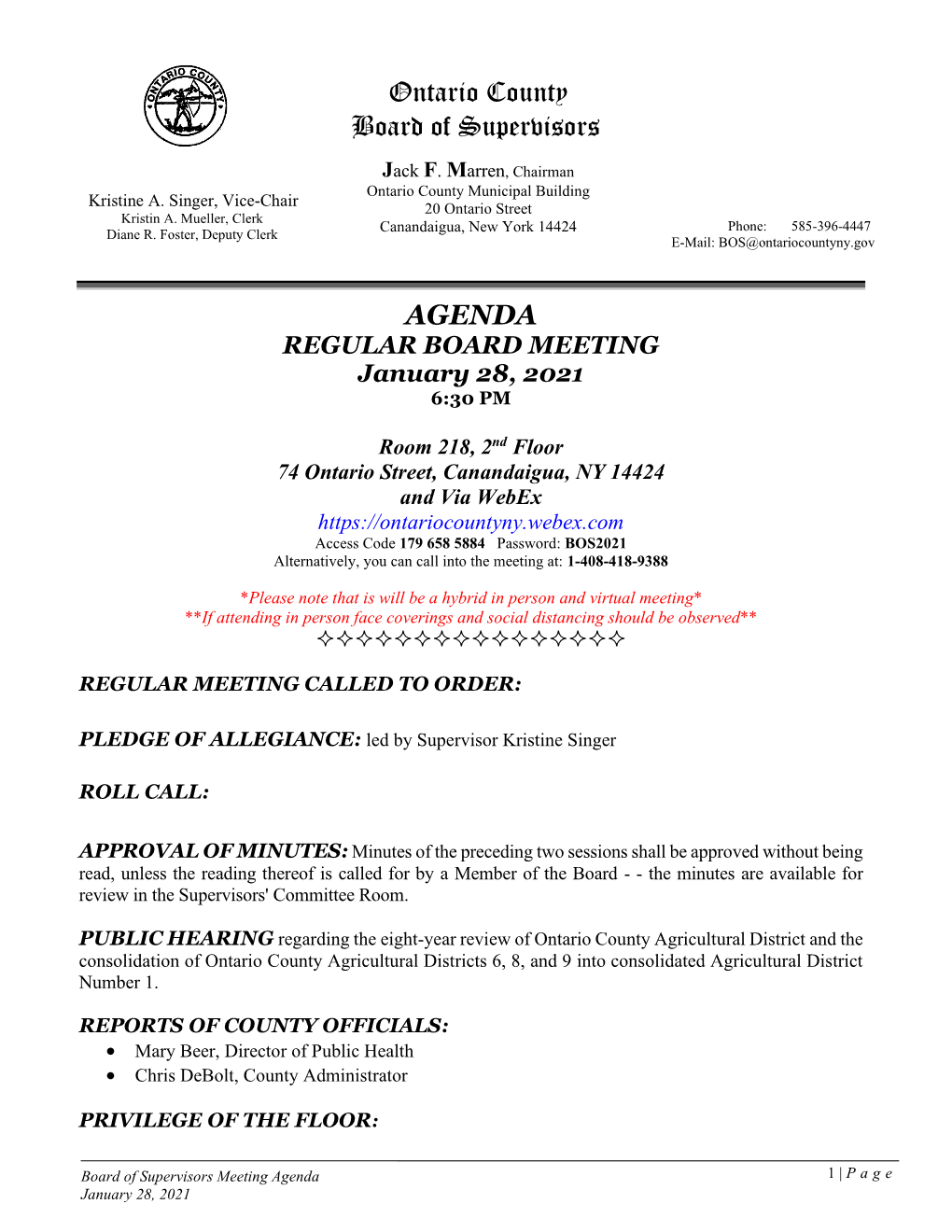 Board of Supervisors Meeting Agenda and Proposed Resolutions