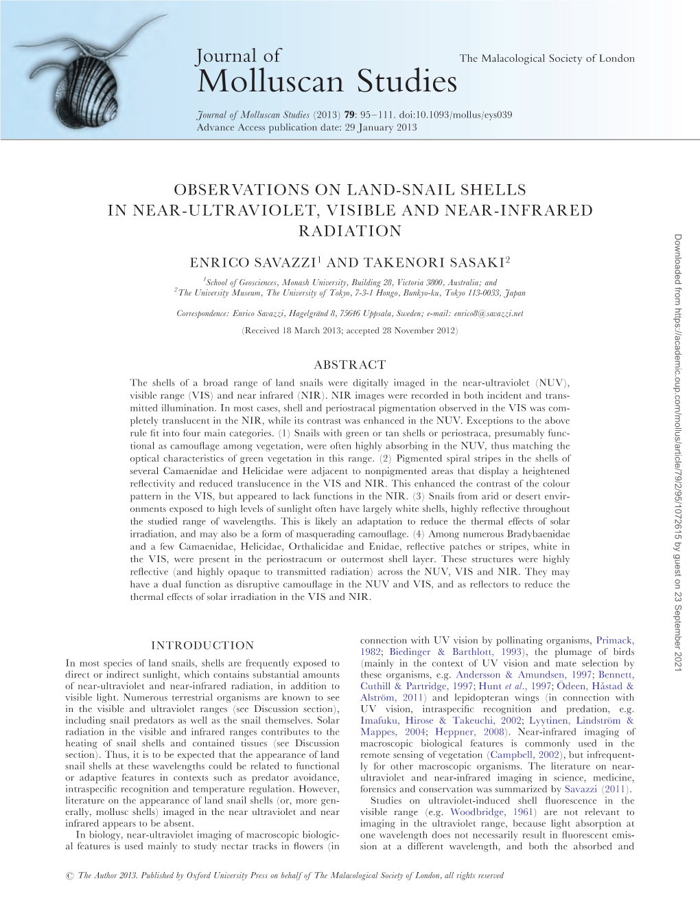 Observations on Land-Snail Shells in Near-Ultraviolet, Visible and Near-Infrared