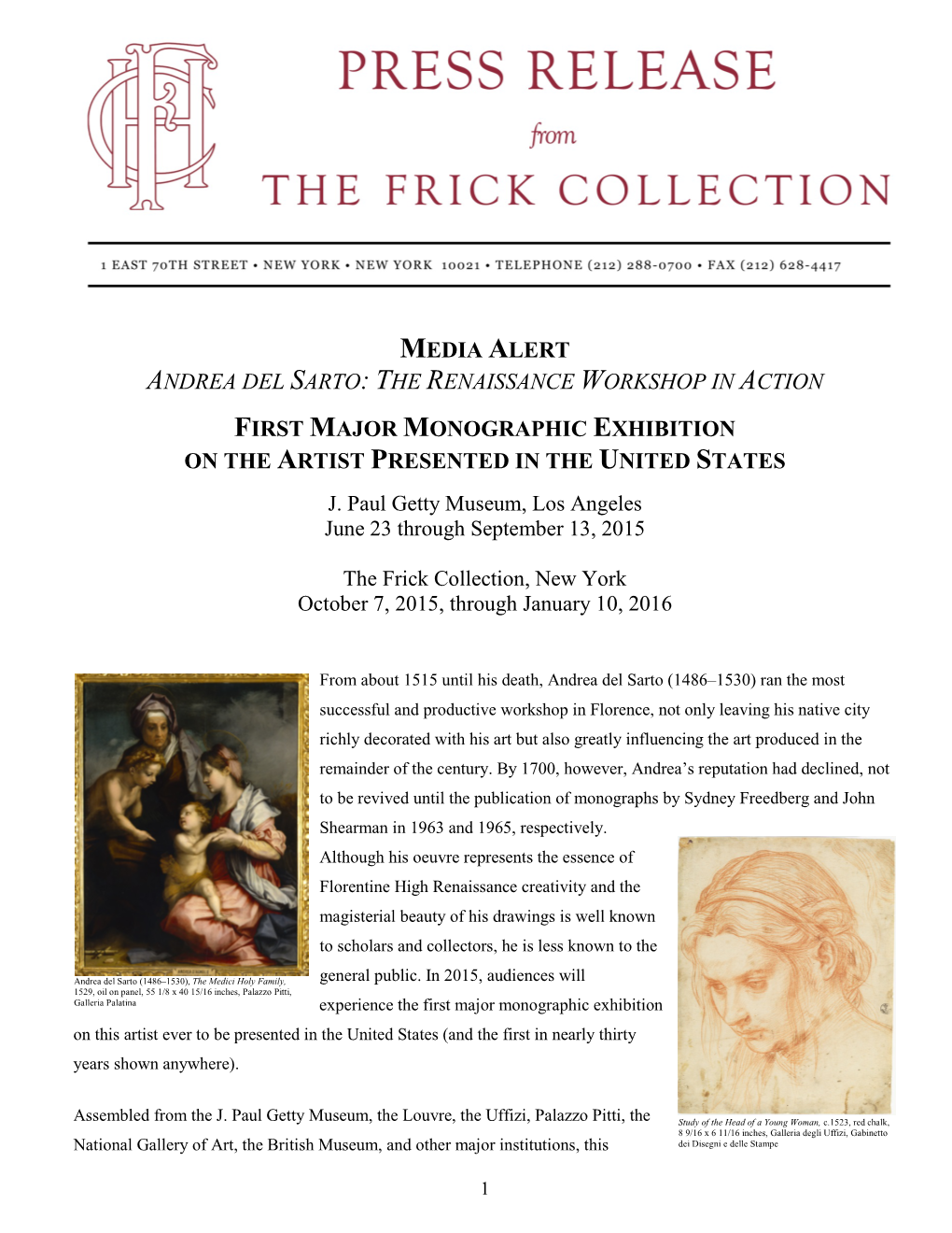 Media Alert Andrea Del Sarto: the Renaissance Workshop in Action