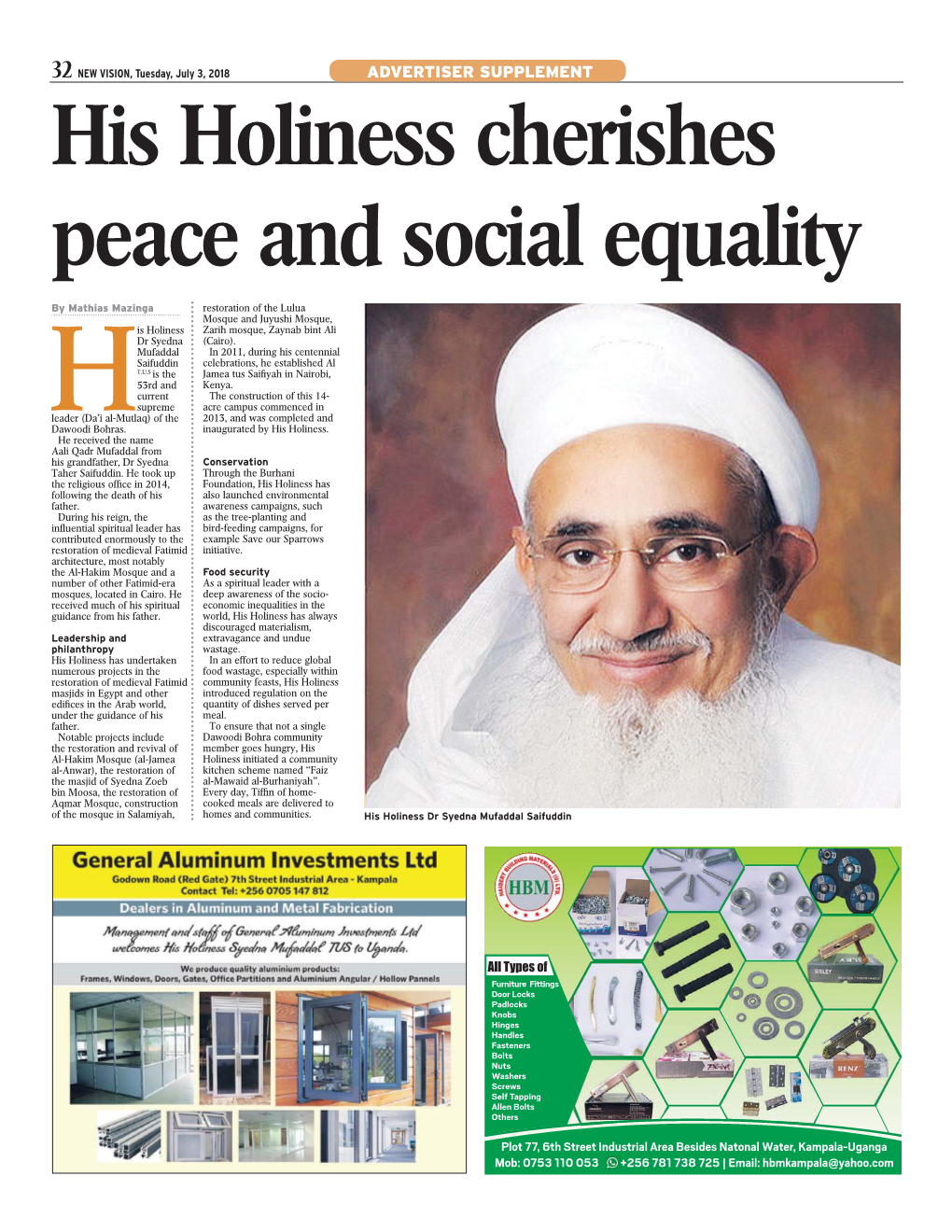 His Holiness Cherishes Peace and Social Equality