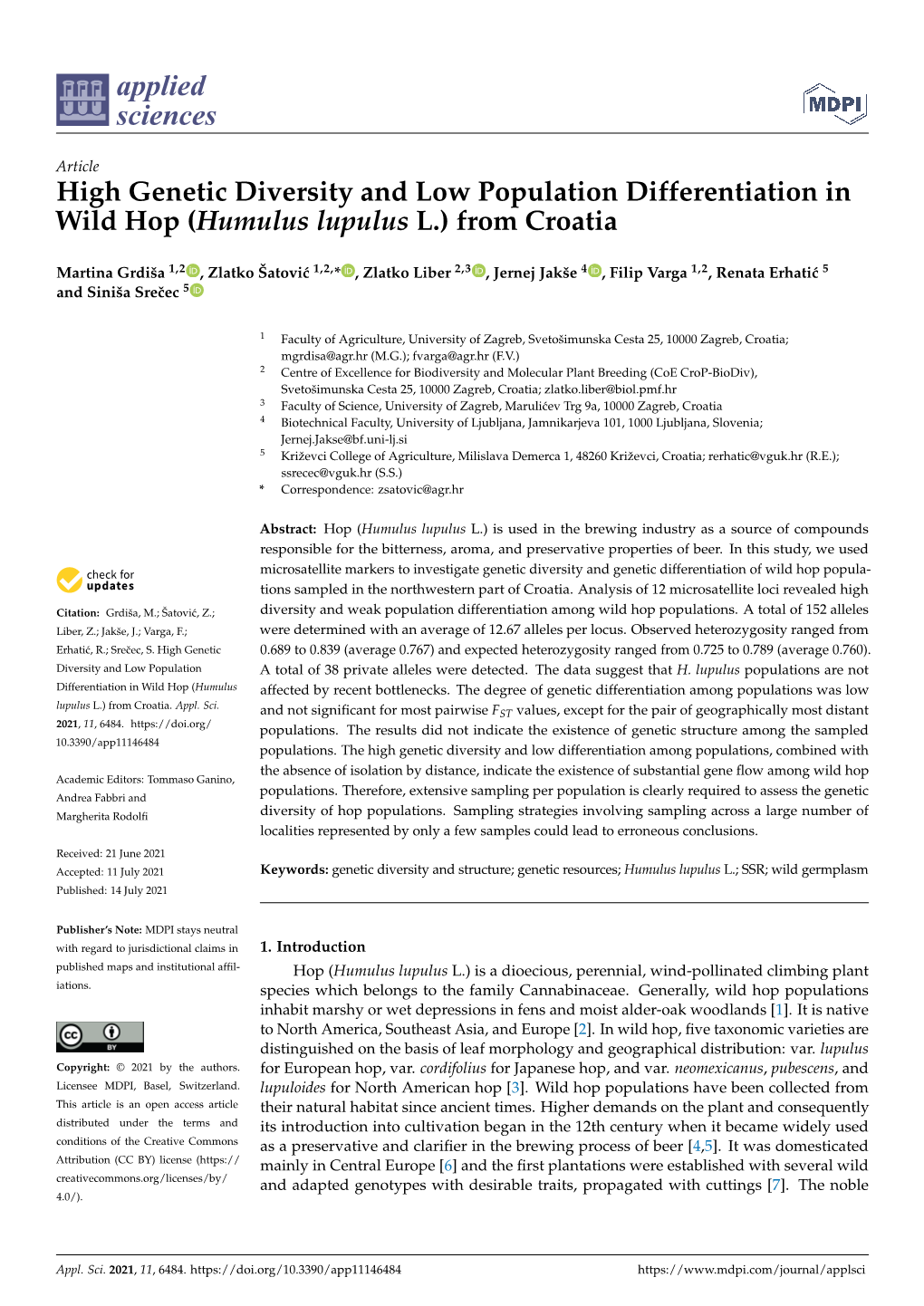 High Genetic Diversity and Low Population Differentiation in Wild Hop (Humulus Lupulus L.) from Croatia