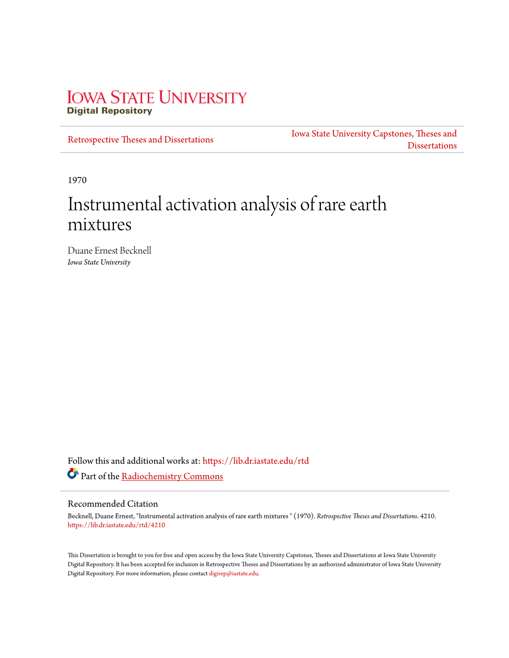 Instrumental Activation Analysis of Rare Earth Mixtures Duane Ernest Becknell Iowa State University