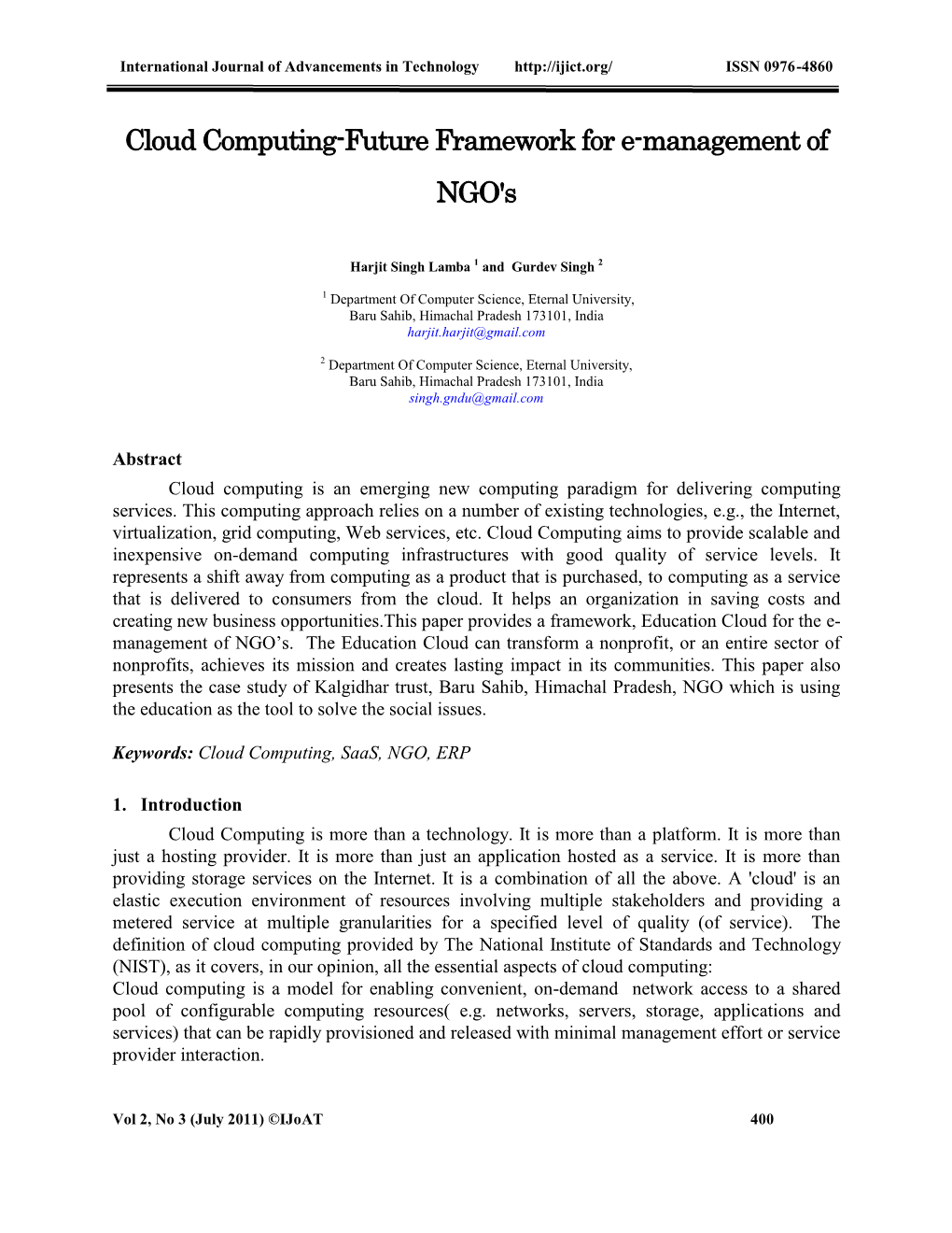 Cloud Computing-Future Framework for E-Management of NGO's