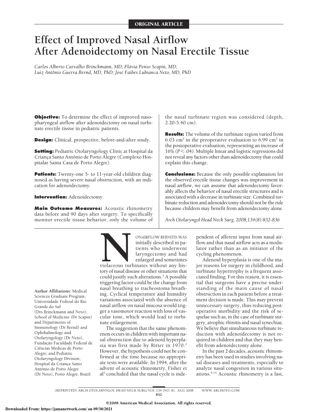 Effect of Improved Nasal Airflow After Adenoidectomy on Nasal Erectile Tissue